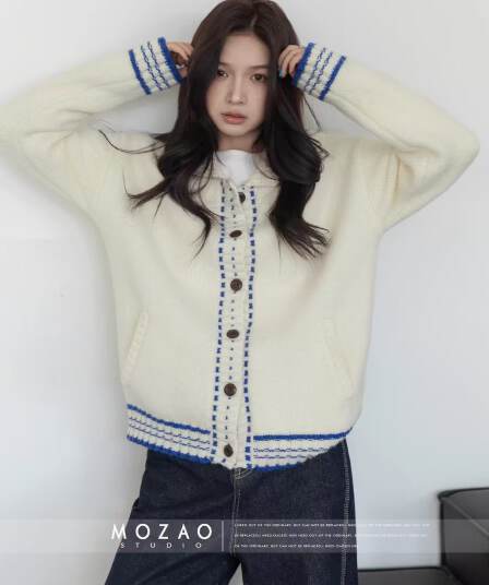 보존 섹션 추천 한 부서 배색 폴로 칼라 긴팔 스웨터 오픈 가디건 여성 가을 겨울 새로운 느슨함 센스 루즈핏 스웨터