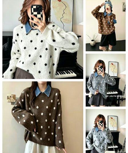 한 부서 데님 칼라 패치워크 도트 무늬 풀오버 스웨터 여자 새로운 가을 겨울 두꺼운 yang 양 플러시 루즈핏 캐주얼 느긋한 바람