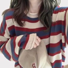 批发秋冬装新款<b class='q'>女装</b>条纹宽松毛衣外穿设计感小众慵懒风内搭针织衫
