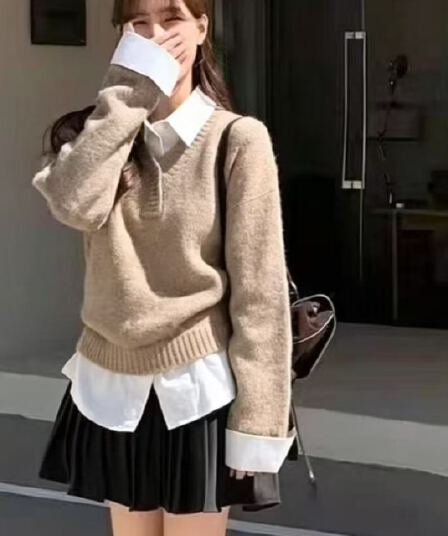 한국 chic 가을 겨울 레트로 연령 감소 디자인 센스 셔츠 칼라 패치워크 페이크 레이어드 풀오버 여성 뜨개질 맨위