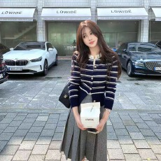 批发藏蓝色复古条纹针织开衫女秋季穿搭学院风修身短款独特漂亮小上衣