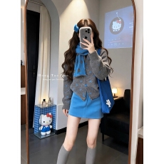 批发韩系温柔风波点针织开衫围巾两件套女秋冬新款小个子显瘦毛衣外套