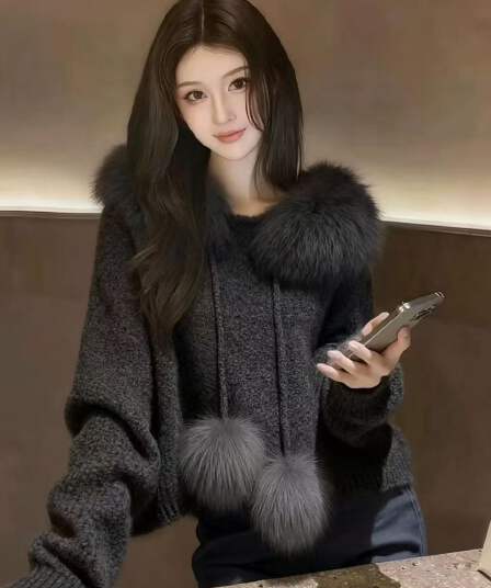 레트로 한 부서 자이언트 잘 생긴 품격 2026 가을 겨울철 새로운 커피 색상 모피 패치워크 후드 니트 스웨터 여성 의류