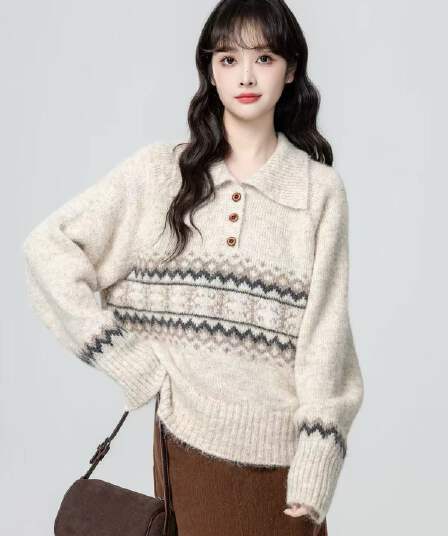 공정한 섬 POLO 칼라 스웨터 여자 가을 겨울 2026 가을 새로운 와이드 부드러운 찹쌀 풀오버 니트 스웨터 외출용 맨위
