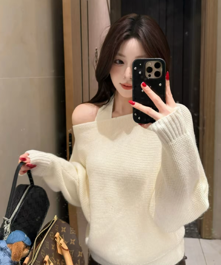 한 부서 착용 가져 가라. 디자인 센스 오프숄더 스웨터 여자 가을 겨울철 루즈핏 느긋한 니트 행침 목 슬립 맨위 투피스 세트