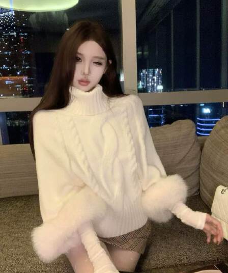 한 부서 가을 겨울 오프숄더 꽈배기 풀오버 탈착식 여우털 커프스 루즈핏 두꺼운 바늘 니트 스웨터