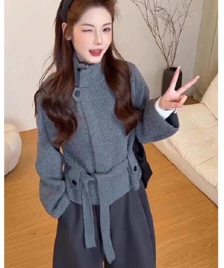 프랑스식 터틀넥 녹색 스웨터 오픈 가디건 여성 가을 겨울 두꺼운 보온 느긋한 바람 허리 수축 스트랩 스탠드 칼라 니트 재킷
