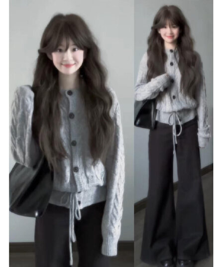 프랑스식 레트로 트위스트 무늬 니트 오픈 가디건 여성 가을 출퇴근 다용도 밑단 레이스업 학원 스타일 마 하이 울 스웨터