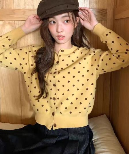 배색 도트 무늬 자카드 니트 오픈 가디건 여성 가을 느긋한 몸매 가꾸기 디자인 센스 달콤한 스타일 미니멀리즘 다용도 맨위