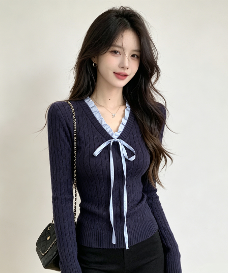 한국 스타일 꽈배기 V넥 레이스업 레이스 기본 셔츠 여성 가을 겨울 순수한 욕망 바람 프릴 인사이드 가져 가라. 스웨터 니트 맨위