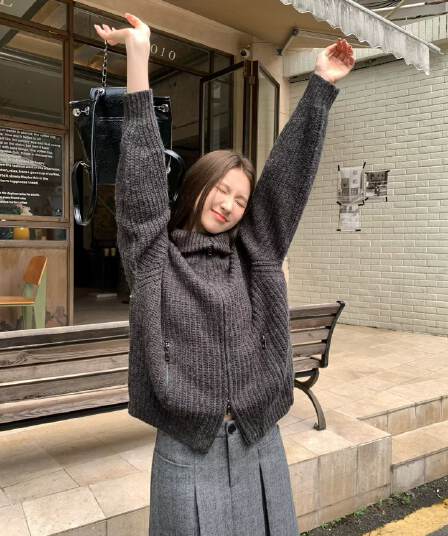 oversize 아메리칸 레트로 지퍼 터틀넥 스웨터 오픈 가디건 여성 가을 겨울 새로운 루즈핏 두꺼운 니트 재킷