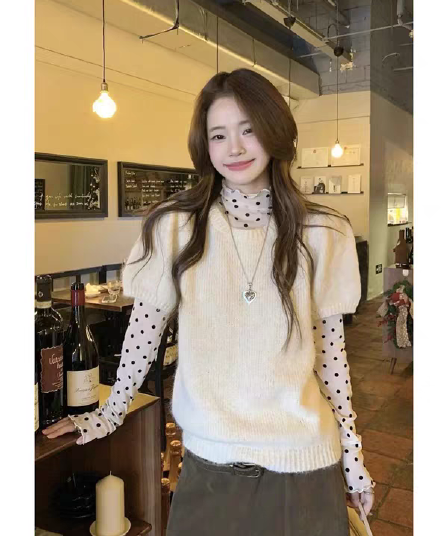 프랑스식 달콤함 슬림해 보이는 세트 여성 2026 새로운 가을 폭발 라운드 넥 슬림해 보이는 베스트 도트 무늬 기본 셔츠 투피스 세트