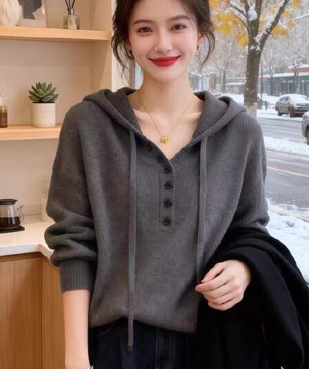 2026 가을 겨울철 느긋한 바람 한 부서 작은 대중 후드 디자인 센스 슬림해 보이는 다용도 긴팔 니트 스웨터