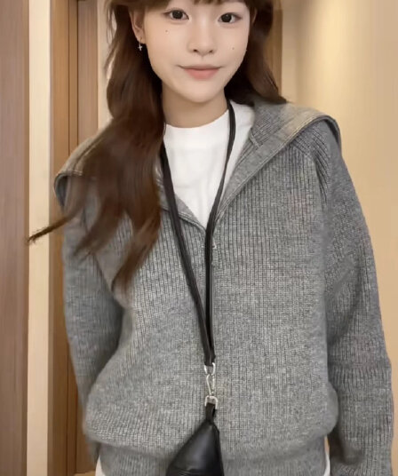 레트로 작은 대중 회색 폴로 칼라 지퍼 니트 스웨터 스웨터 가을 겨울 품격 출퇴근 보온 맨위 여성