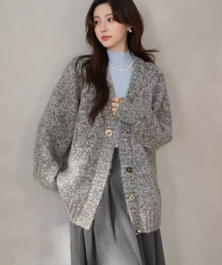 한 부서 가을 겨울 양모 레트로 V넥 스웨터 오픈 가디건 여성 겨울 캐주얼 느긋한 부드러운 찹쌀 루즈핏 보온 재킷