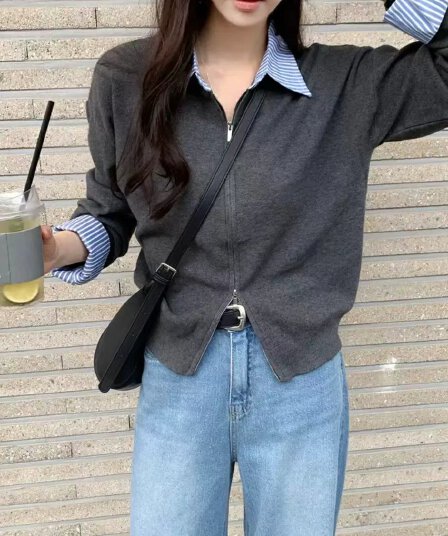 한 부서 페이크 레이어드 폴로 칼라 니트 오픈 가디건 스웨터 여성 코트 품격 디자인 센스 고급 센스 지퍼 열기 셔츠 여성