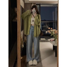 批发韩版绿色仿貂开衫毛衣女秋2026新款软糯糯奶系温柔慵懒风针织<b class='q'>外套</b>