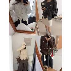 批发早秋温柔风立体花朵针织开衫女宽松圆领短款显瘦百搭毛衣外搭上衣