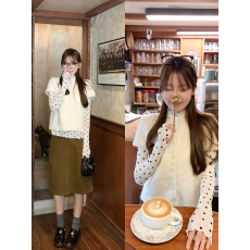 批发曾小咸 复古波点内搭打底衫叠穿短袖针织衫女秋温柔减龄短袖毛衣