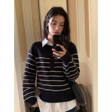 批发韩系学院风 条纹毛衣女装秋冬圆领显瘦休闲混纺针织衫上衣