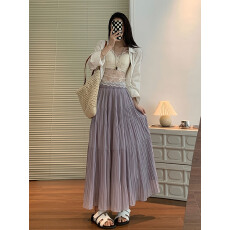 批发白色<b class='q'>雪纺</b><b class='q'>半身裙</b>女中长款2025秋新款A字伞裙大摆裙垂感百褶长裙子