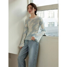 批发春夏氛围 定制晕染蓝绿印花竖向肌理压褶上衣<b class='q'>雪纺衫</b>