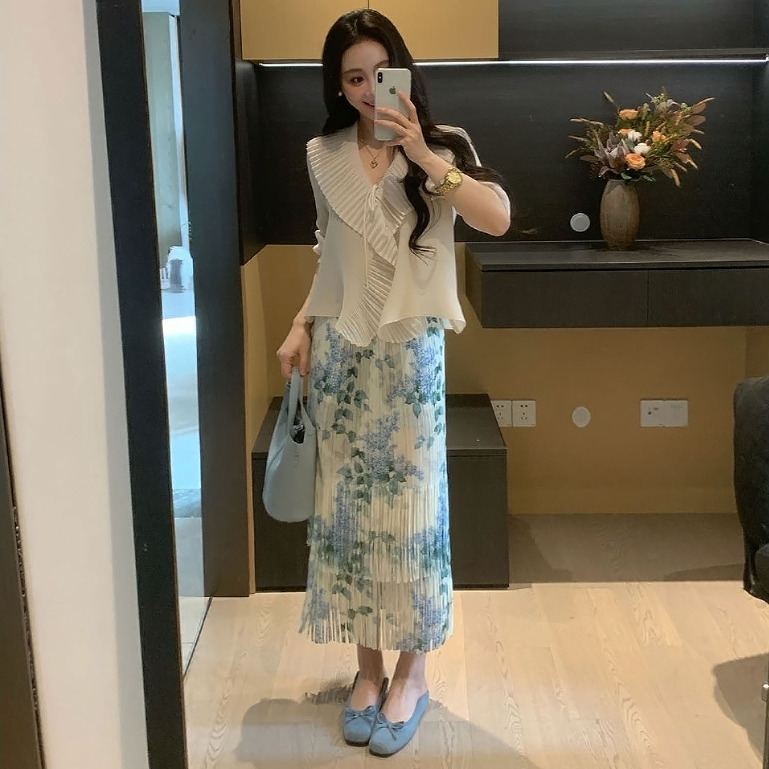 얕은 여름 히아신스 여름 술 프린트 하이웨이스트 반신 스커트 슬림해 보이는 다용도 세트 여성