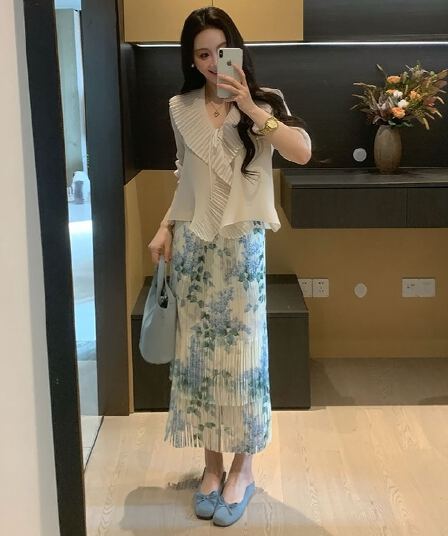 얕은 여름 히아신스 여름 술 프린트 하이웨이스트 반신 스커트 슬림해 보이는 다용도 세트 여성