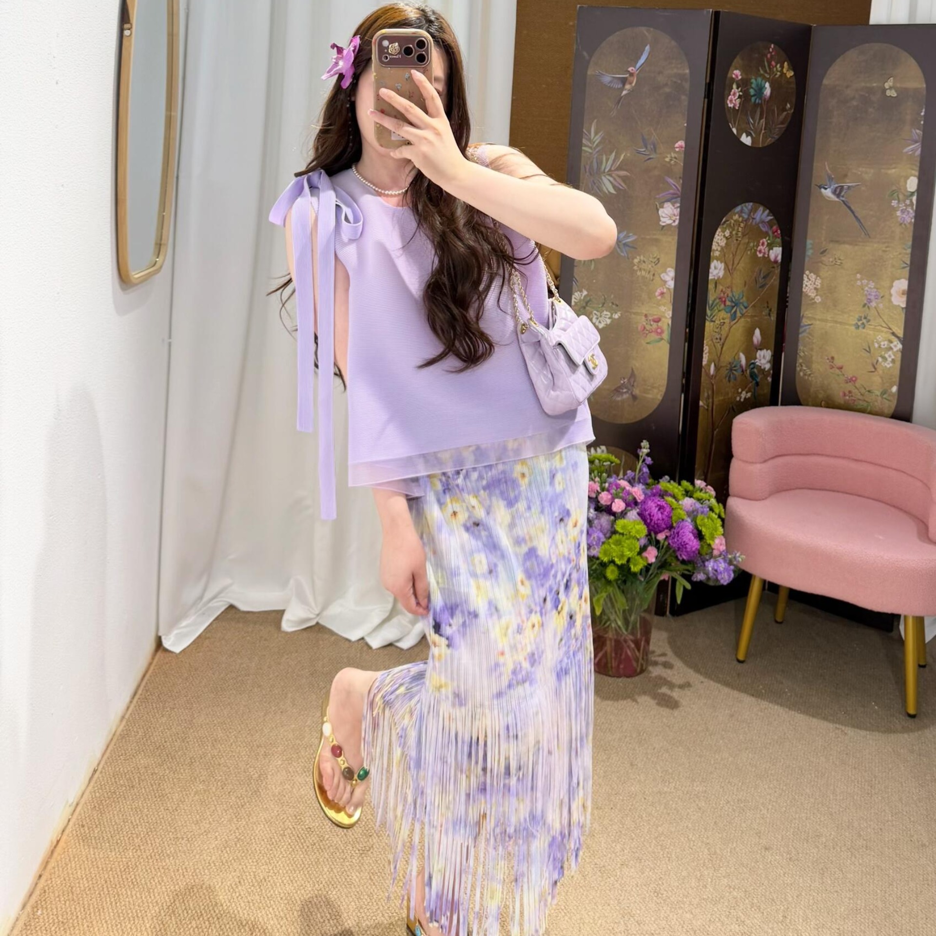 세 하우스 바람 보라색 나비 매듭 민소매 조끼 여성 여름 청 순수한 시스템 느슨함 센스 술 반신 스커트 투피스 슈트