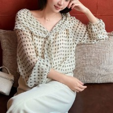 批发【波点<b class='q'>雪纺衫</b>】小个子梨形肌理感腰果花<b class='q'>印花</b>长袖上衣女