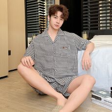 批发<b class='q'>男士</b>睡衣夏季新款云朵棉<b class='q'>短袖</b>短裤休闲格仔套装可外出家居服
