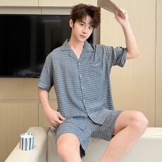 批发<b class='q'>男士</b>睡衣夏季新款云朵棉<b class='q'>短袖</b>短裤休闲格仔套装可外出家居服