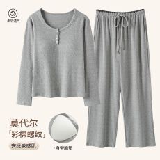 批发春季新款莫代尔TR7030彩棉螺纹带胸垫双长睡衣女休闲家居服套装