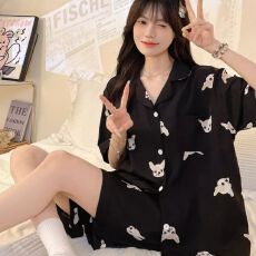 批发冰丝睡衣女夏季短袖短裤甜美卡通开衫凉感家居<b class='q'>服</b>套装