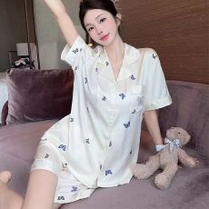 批发冰丝睡衣女夏季短袖短裤甜美卡通开衫凉感家居<b class='q'>服</b>套装