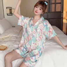 批发仿真丝女士睡衣冰丝夏季短袖短裤薄款<b class='q'>可爱</b>卡通宽松家居服套装韩版