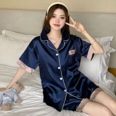 批发仿真丝女士睡衣冰丝夏季短袖短裤薄款<b class='q'>可爱</b>卡通宽松家居服套装韩版