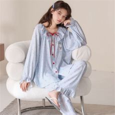 春秋季带胸垫新款睡衣女卡通甜美可爱长袖长裤家居服套装可外穿