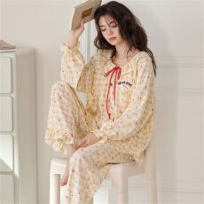 春秋季带胸垫新款睡衣女卡通甜美可爱长袖长裤家居服套装可外穿
