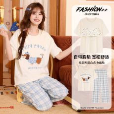 批发6040睡衣女短袖长裤带胸垫可爱可外穿舒适家居服套装