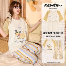 批发6040睡衣女短袖长裤带胸垫可爱可外穿舒适家居服套装
