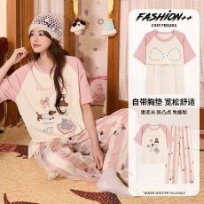 批发6040睡衣女短袖长裤带胸垫可爱可外穿舒适家居服套装