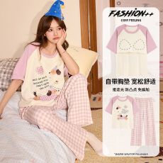批发6040睡衣女短袖长裤带胸垫可爱可外穿舒适家居服套装