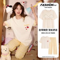 批发6040睡衣女短袖长裤带胸垫可爱可外穿舒适家居服套装