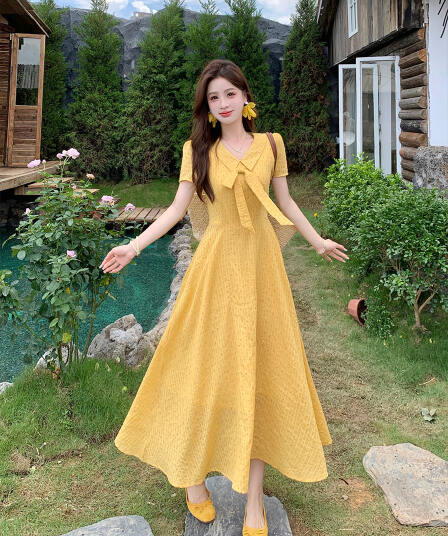 실사 빅 사이즈 여성 의류 소녀 일기 달콤한 스타일 롱 스커트 지방 mm 여름 학원 스타일 나비 매듭 드레스