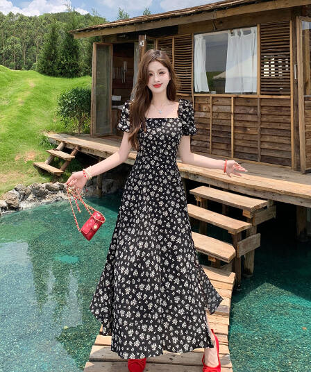 실사 빅 사이즈 여성 의류 프랑스식 복잡한 고대 칼라 달빛 꽃 드레스 지방 mm 숨기기 고기 슬림해 보이는 스커트 스커트 여성