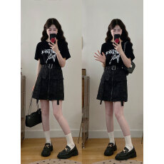 实拍～大码女装野性因子假两件套装美式复古拼接显瘦连衣裙胖MM女