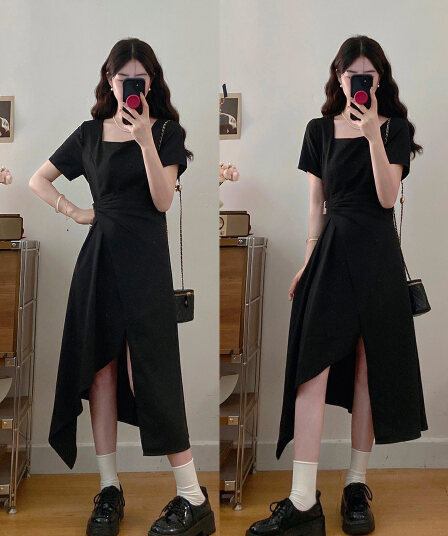 실사 빅 사이즈 여성 의류 슬림해 보이는 광장 칼라 사선 무늬 허리 수축 한 마디 드레스 지방 mm 디스플레이 숨기기 고기 얇은 드레스
