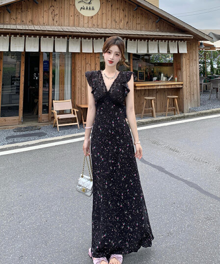 실사 빅 사이즈 여성 의류 우아함 섹시함 여름 V넥 꽃무늬 드레스 지방 mm 레이스 조각 슬림해 보이는 롱 스커트