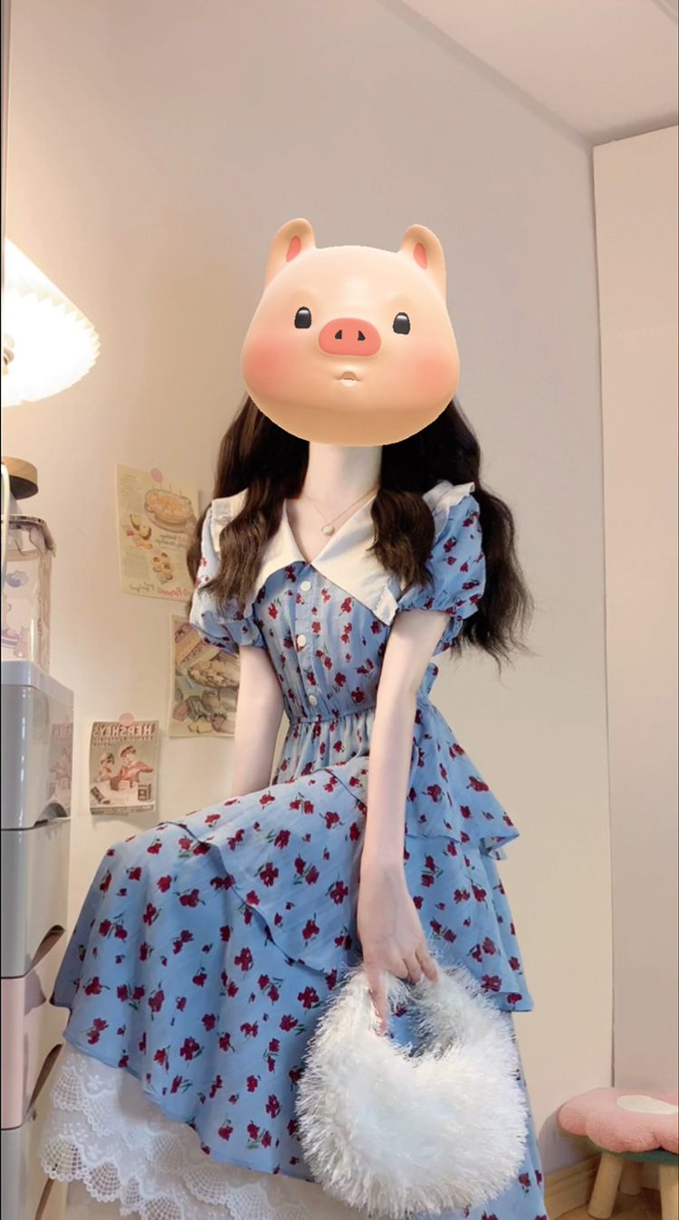 实拍～大码女装法式小众碎花雪纺蕾丝拼接假两件蛋糕仙女长裙胖MM
